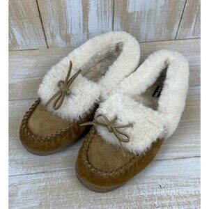 Lands End Women's Sz 9B Moccasin Slippers Leather Suede Shearling Lined